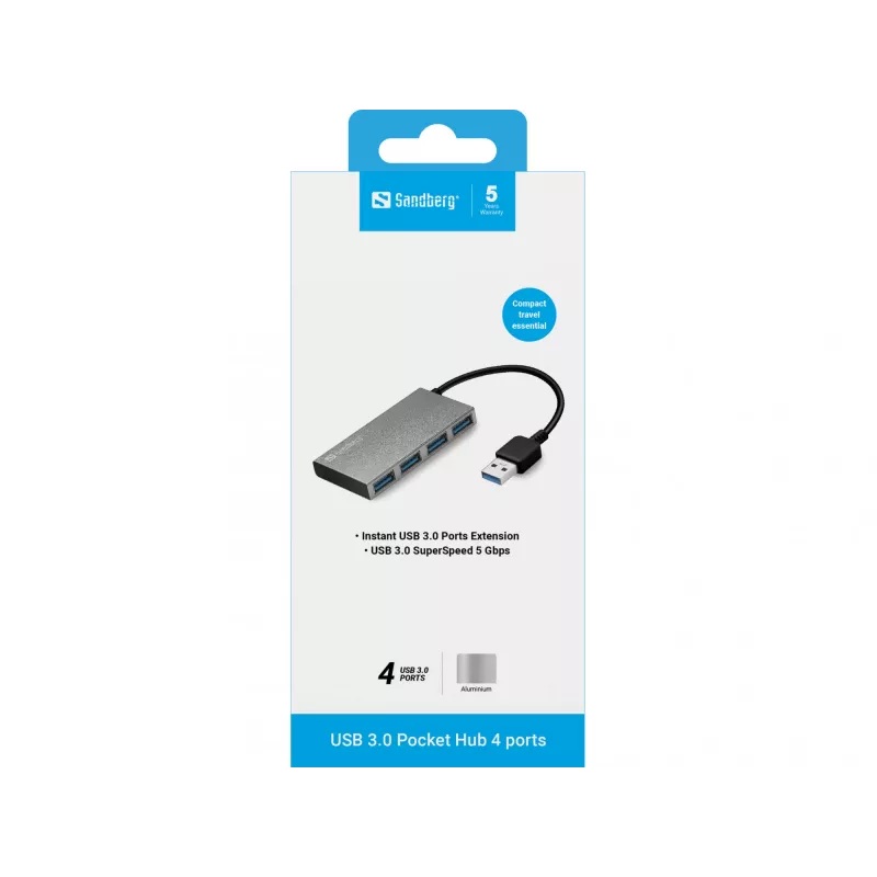 Sandberg USB 3.0 Pocket Hub 4 porty, USB 3.2 Gen 1 (3.1 Gen 1) Typ-A, USB 3.2 Gen 1 (3.1 Gen 1) Typ-A, 5000 Mbit/s, Biały, Aluminium, RoHS