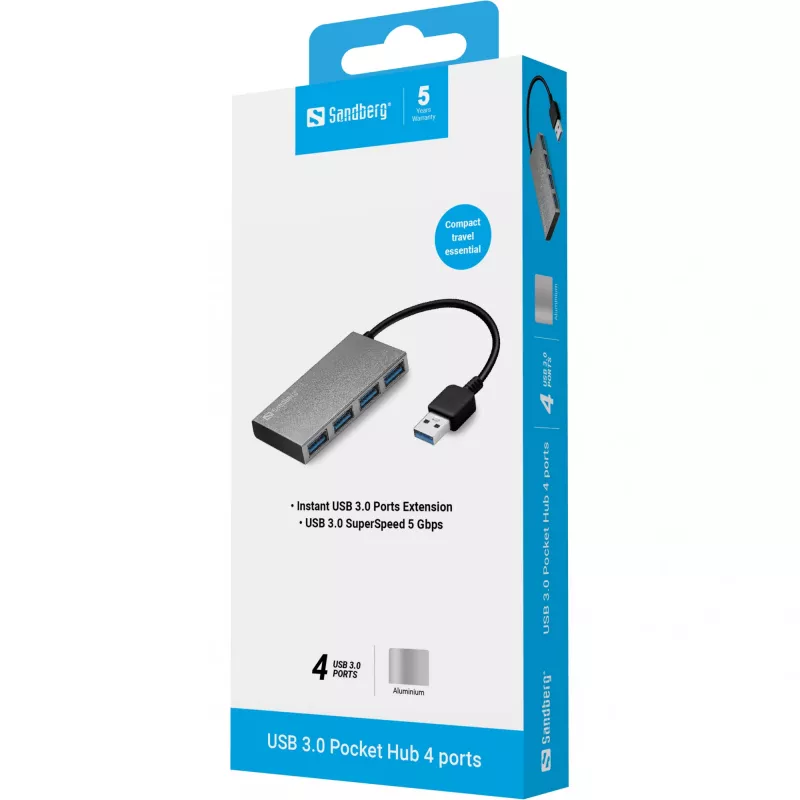 Sandberg USB 3.0 Pocket Hub 4 porty, USB 3.2 Gen 1 (3.1 Gen 1) Typ-A, USB 3.2 Gen 1 (3.1 Gen 1) Typ-A, 5000 Mbit/s, Biały, Aluminium, RoHS
