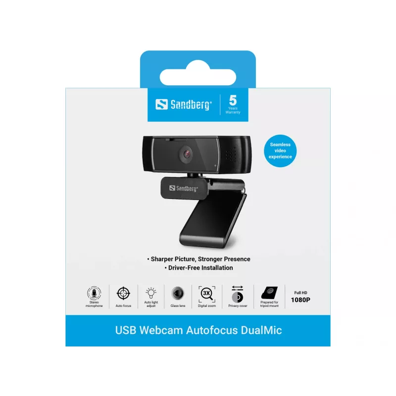 Sandberg USB Webcam Autofocus DualMic, 2,07 MP, 1920 x 1080 pikseli, Full HD, 30 kl./s, 70°, 70°
