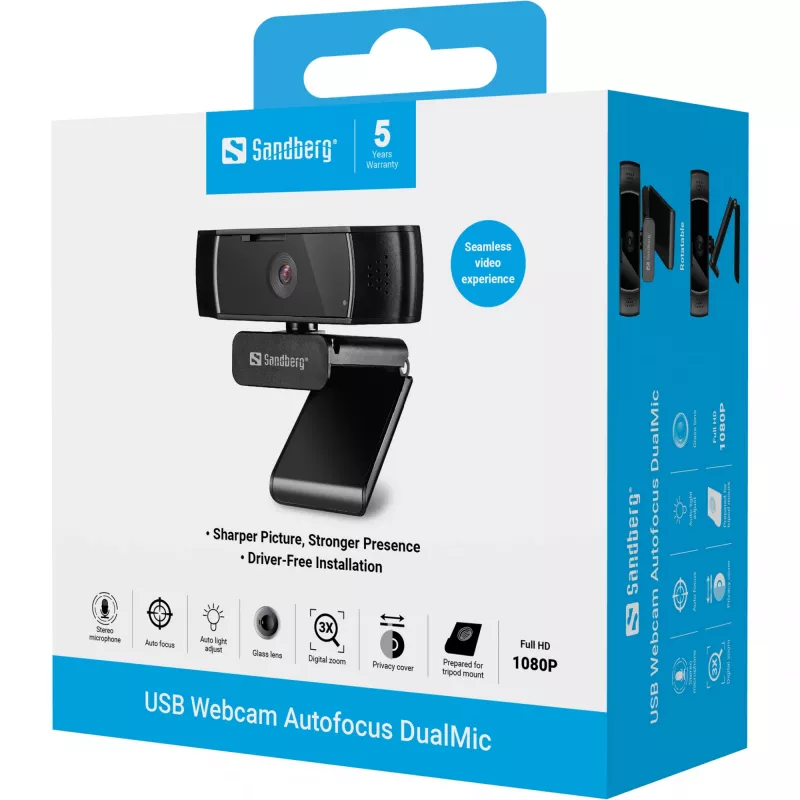 Sandberg USB Webcam Autofocus DualMic, 2,07 MP, 1920 x 1080 pikseli, Full HD, 30 kl./s, 70°, 70°