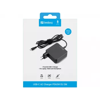 Ładowarka sieciowa Sandberg USB-C AC Charger PD65W EU 2M, wewnętrzna, AC, 20 V, 1 m, czarna