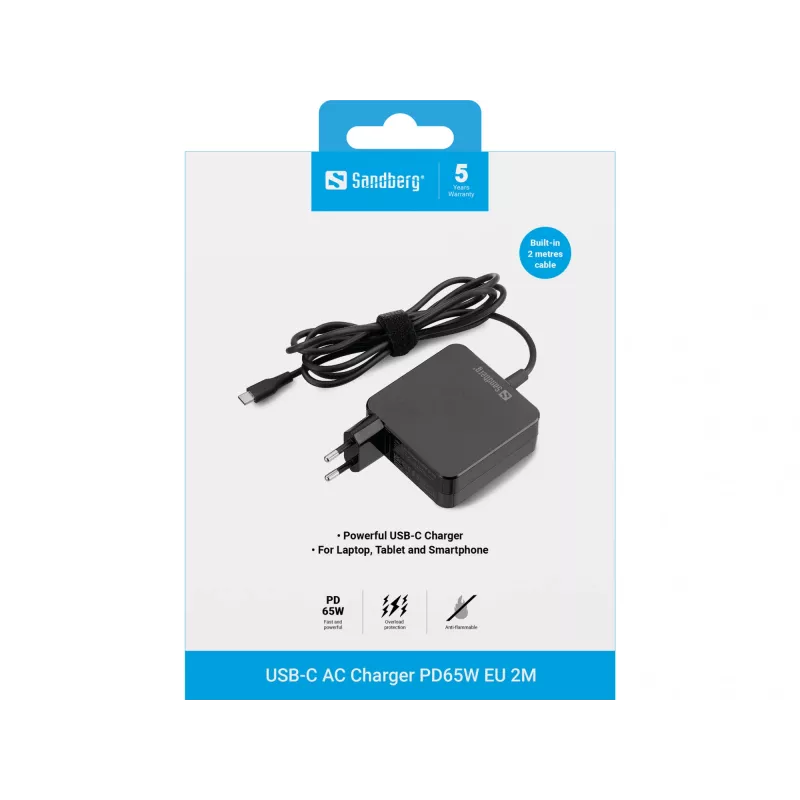 Ładowarka sieciowa Sandberg USB-C AC Charger PD65W EU 2M, wewnętrzna, AC, 20 V, 1 m, czarna