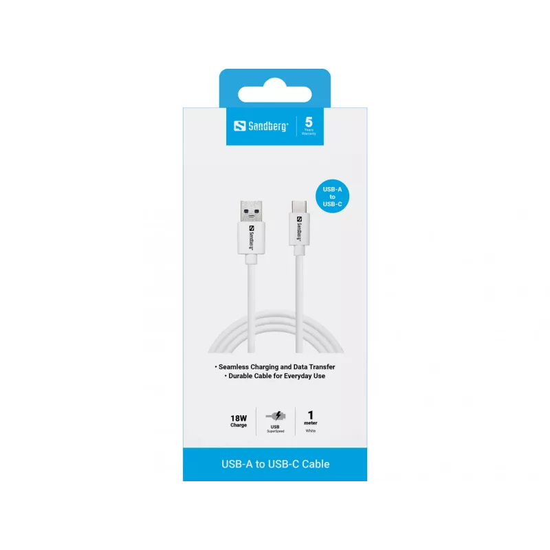 Sandberg USB-C 3.1 USB-A 3.0 1M, 1 m, USB A, USB C, USB 3.2 Gen 1 (3.1 Gen 1), Męski/Męski, Biały
