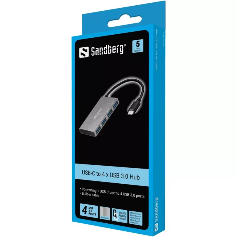 Sandberg USB-C na 4 porty USB 3.0 Pocket Hub, USB 3.2 Gen 1 (3.1 Gen 1) Type-C, USB 3.2 Gen 1 (3.1 Gen 1) Type-A, biały, aluminium, RoHS, Windows 10, Windows 7, Windows 8