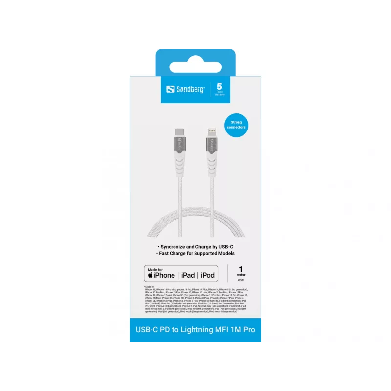 Sandberg USB-C PD do Lightning MFI 1M PRO, 1 m, Lightning, USB C, Męski, Męski, Biały