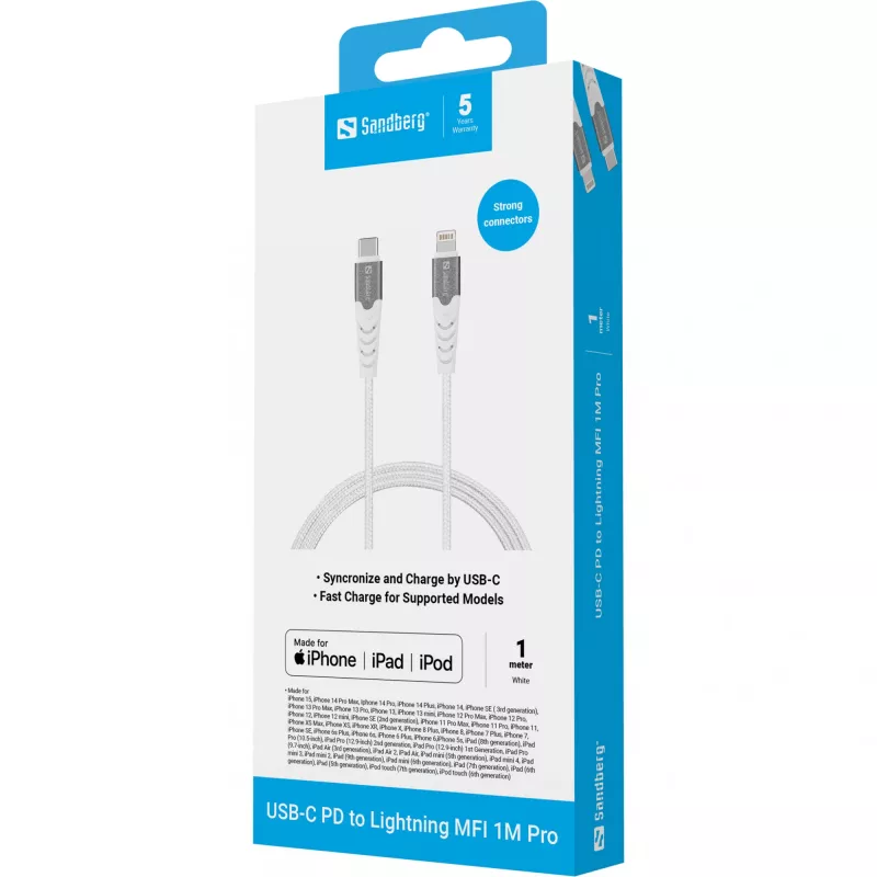 Sandberg USB-C PD do Lightning MFI 1M PRO, 1 m, Lightning, USB C, Męski, Męski, Biały