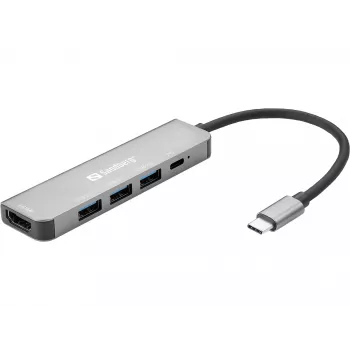 Sandberg USB-C Dock HDMI+3xUSB+PD 100W, Przewodowy, USB 3.2 Gen 1 (3.1 Gen 1) Type-C, 100 W, Szary, 4K Ultra HD, Aluminium