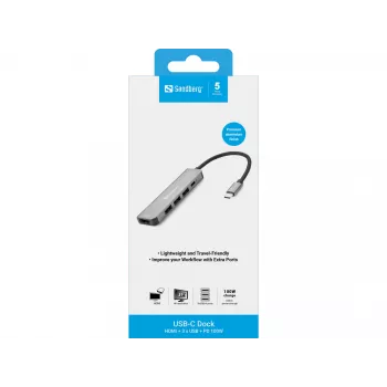 Sandberg USB-C Dock HDMI+3xUSB+PD 100W, Przewodowy, USB 3.2 Gen 1 (3.1 Gen 1) Type-C, 100 W, Szary, 4K Ultra HD, Aluminium