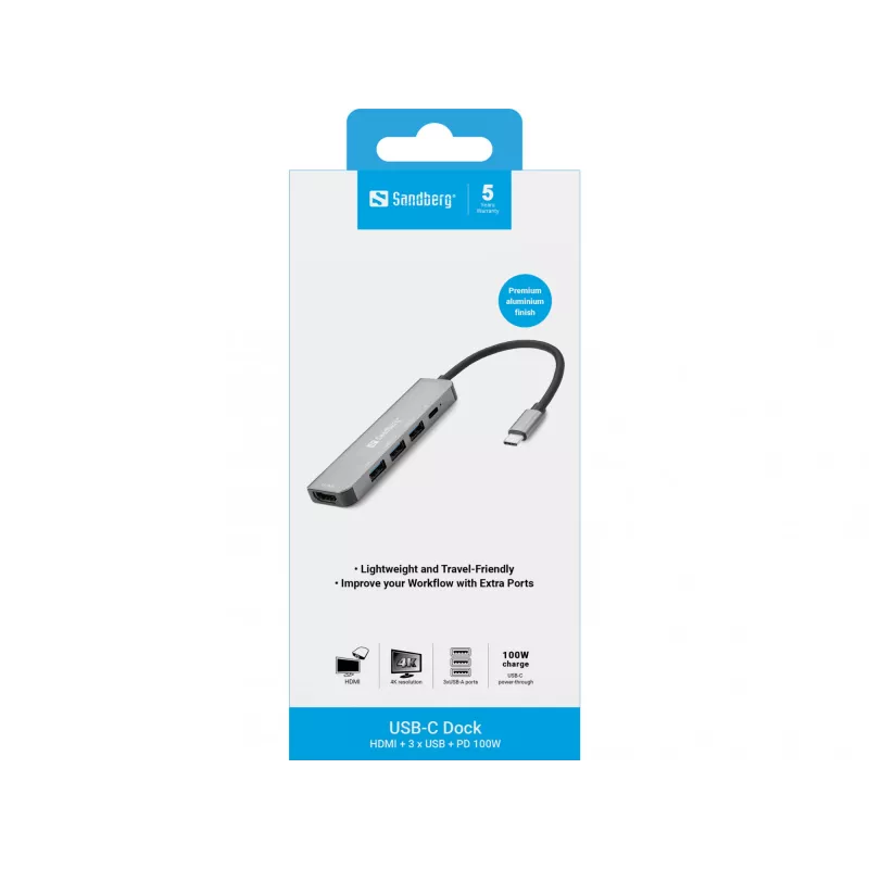 Sandberg USB-C Dock HDMI+3xUSB+PD 100W, Przewodowy, USB 3.2 Gen 1 (3.1 Gen 1) Type-C, 100 W, Szary, 4K Ultra HD, Aluminium