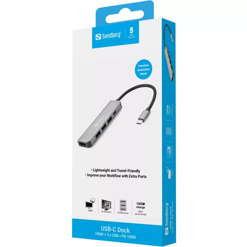 Sandberg USB-C Dock HDMI+3xUSB+PD 100W, Przewodowy, USB 3.2 Gen 1 (3.1 Gen 1) Type-C, 100 W, Szary, 4K Ultra HD, Aluminium