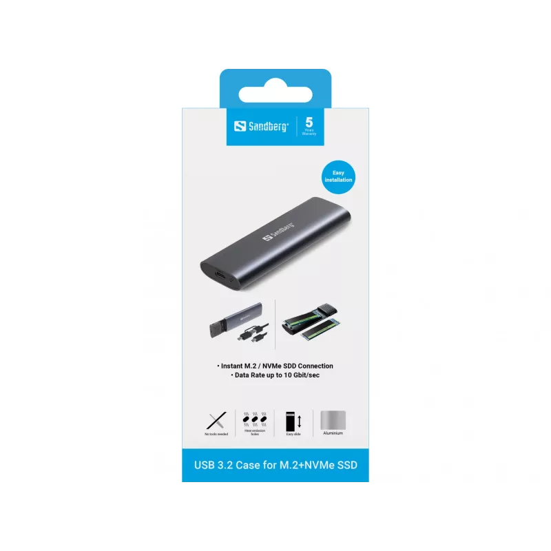 Sandberg USB 3.2 Case for M.2+NVMe SSD, obudowa na dysk SSD, M.2, M.2, 10 Gbit/s, łączność USB, czarny