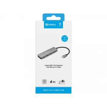 Sandberg USB-C do 4 x USB-C Hub, USB 3.2 Gen 1 (3.1 Gen 1) Type-C, USB 3.2 Gen 1 (3.1 Gen 1) Type-C, 10000 Mbit/s, Szary, Aluminium, 0.15 m