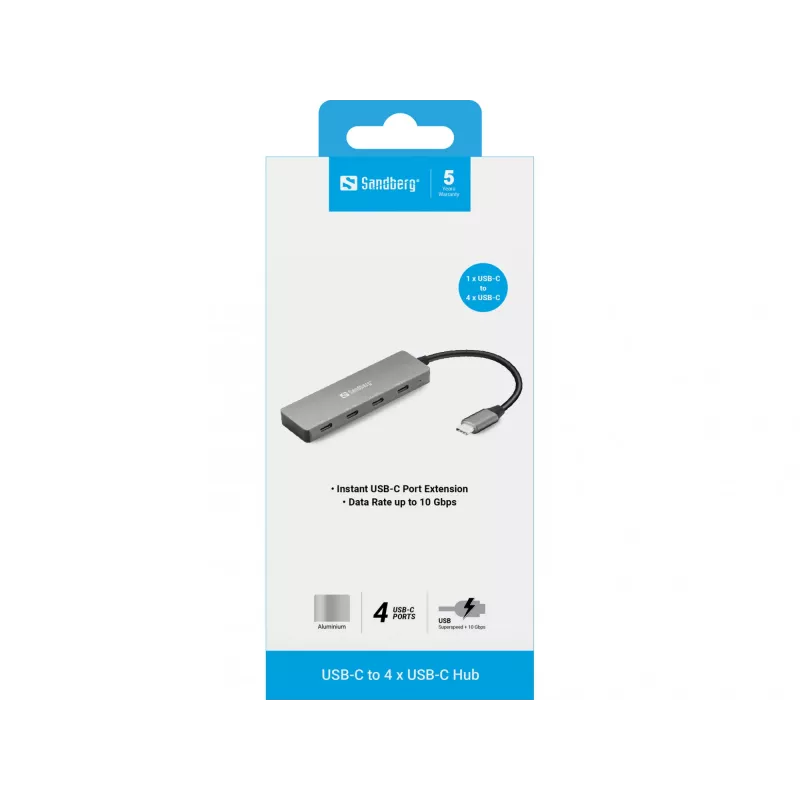 Sandberg USB-C do 4 x USB-C Hub, USB 3.2 Gen 1 (3.1 Gen 1) Type-C, USB 3.2 Gen 1 (3.1 Gen 1) Type-C, 10000 Mbit/s, Szary, Aluminium, 0.15 m
