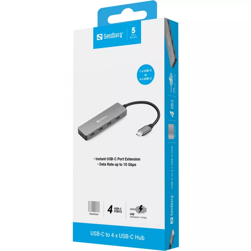 Sandberg USB-C do 4 x USB-C Hub, USB 3.2 Gen 1 (3.1 Gen 1) Type-C, USB 3.2 Gen 1 (3.1 Gen 1) Type-C, 10000 Mbit/s, Szary, Aluminium, 0.15 m