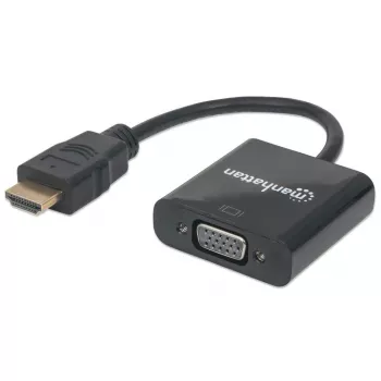 Kabel konwertera Manhattan HDMI na VGA, 1080p, 30 cm, męski na żeński, port wejściowy zasilania Micro-USB do dodatkowego zasilania w razie potrzeby, czarny, trzyletnia gwarancja, odpowiednik HD2VGAE2