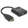 Kabel konwertera Manhattan HDMI na VGA, 1080p, 30 cm, męski na żeński, port wejściowy zasilania Micro-USB do dodatkowego zasilania w razie potrzeby, czarny, trzyletnia gwarancja, odpowiednik HD2VGAE2