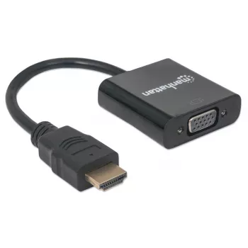 Kabel konwertera Manhattan HDMI na VGA, 1080p, 30 cm, męski na żeński, port wejściowy zasilania Micro-USB do dodatkowego zasilania w razie potrzeby, czarny, trzyletnia gwarancja, odpowiednik HD2VGAE2