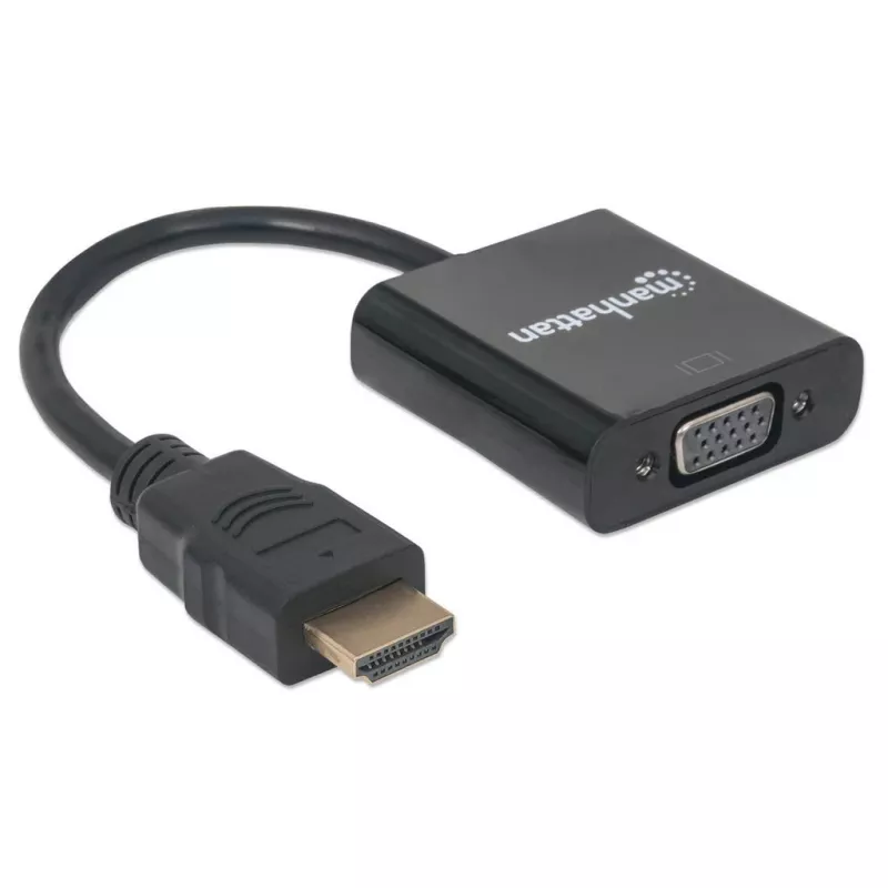 Kabel konwertera Manhattan HDMI na VGA, 1080p, 30 cm, męski na żeński, port wejściowy zasilania Micro-USB do dodatkowego zasilania w razie potrzeby, czarny, trzyletnia gwarancja, odpowiednik HD2VGAE2