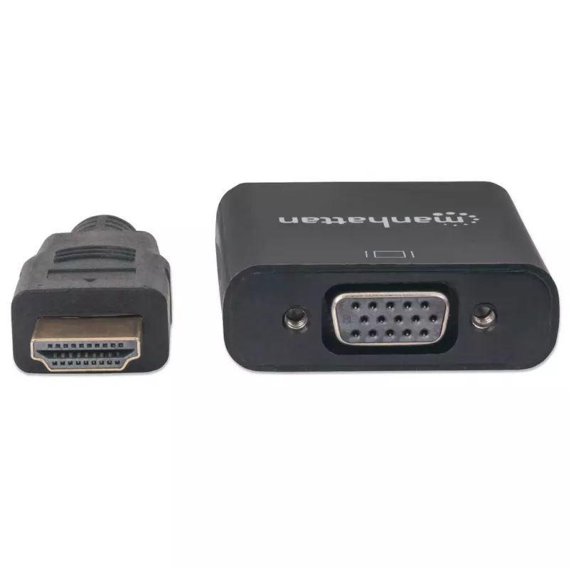 Kabel konwertera Manhattan HDMI na VGA, 1080p, 30 cm, męski na żeński, port wejściowy zasilania Micro-USB do dodatkowego zasilania w razie potrzeby, czarny, trzyletnia gwarancja, odpowiednik HD2VGAE2