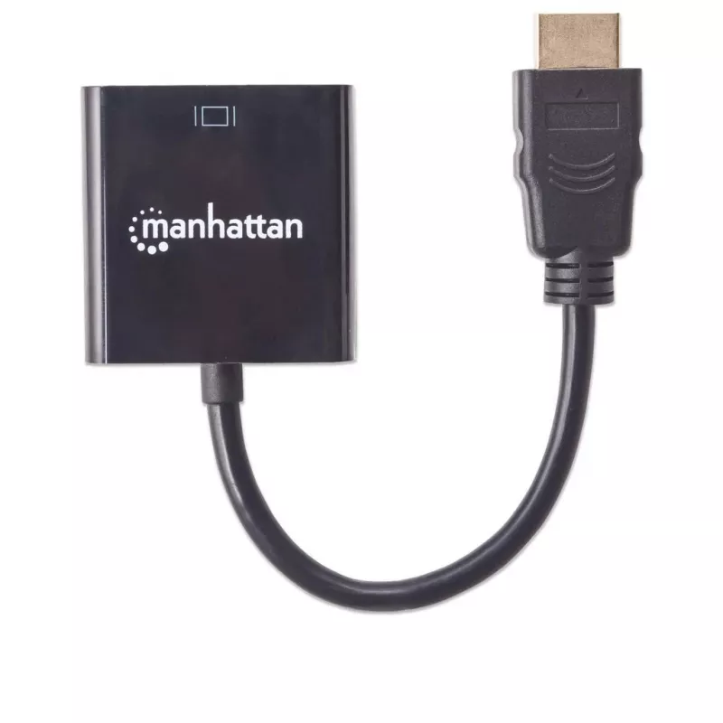 Kabel konwertera Manhattan HDMI na VGA, 1080p, 30 cm, męski na żeński, port wejściowy zasilania Micro-USB do dodatkowego zasilania w razie potrzeby, czarny, trzyletnia gwarancja, odpowiednik HD2VGAE2