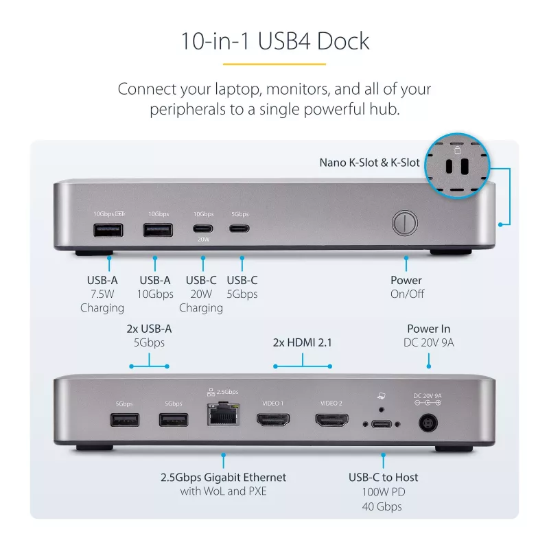 StarTech.com Stacja dokująca USB4 z obsługą dwóch monitorów, Dual 4K 120 Hz lub Single 8K 60 Hz HDMI, ładowanie laptopa 100 W, 2.5GbE, wielomonitorowa stacja dokująca USB-C, bezsterownikowa