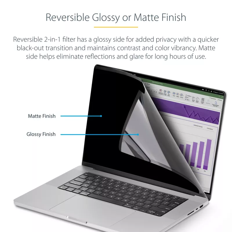 StarTech.com 16-calowy MacBook Pro 21/23 Folia prywatyzująca do laptopa, zdejmowany i odwracalny filtr prywatyzujący z powłoką antyodblaskową, magnetyczny ochraniacz ekranu laptopa z 51% redukcją światła niebieskiego
