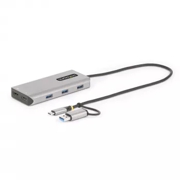 StarTech.com Adapter wieloportowy USB-C z dołączonym kluczem USB-C na USB-A, podwójne HDMI (4K30Hz/1080p60Hz), 3x USB-A 5Gbps, mini stacja dokująca podróżna, stacja dokująca do laptopa, kabel 40 cm