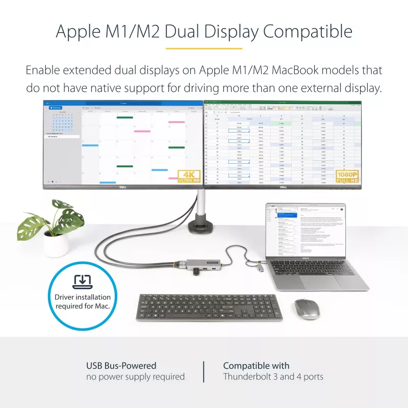 StarTech.com Adapter wieloportowy USB-C z dołączonym kluczem USB-C na USB-A, podwójne HDMI (4K30Hz/1080p60Hz), 3x USB-A 5Gbps, mini stacja dokująca podróżna, stacja dokująca do laptopa, kabel 40 cm