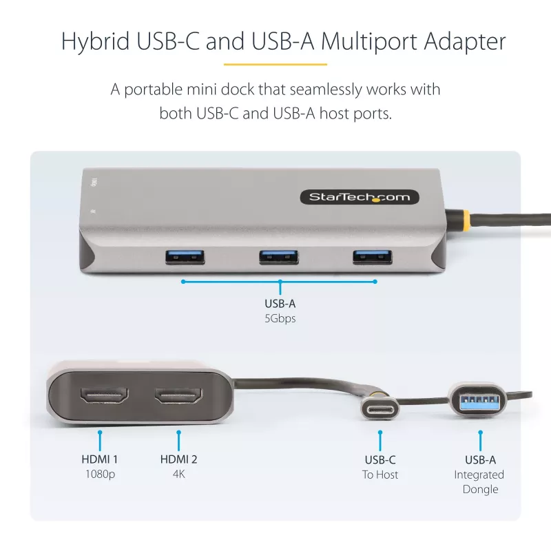 StarTech.com Adapter wieloportowy USB-C z dołączonym kluczem USB-C na USB-A, podwójne HDMI (4K30Hz/1080p60Hz), 3x USB-A 5Gbps, mini stacja dokująca podróżna, stacja dokująca do laptopa, kabel 40 cm
