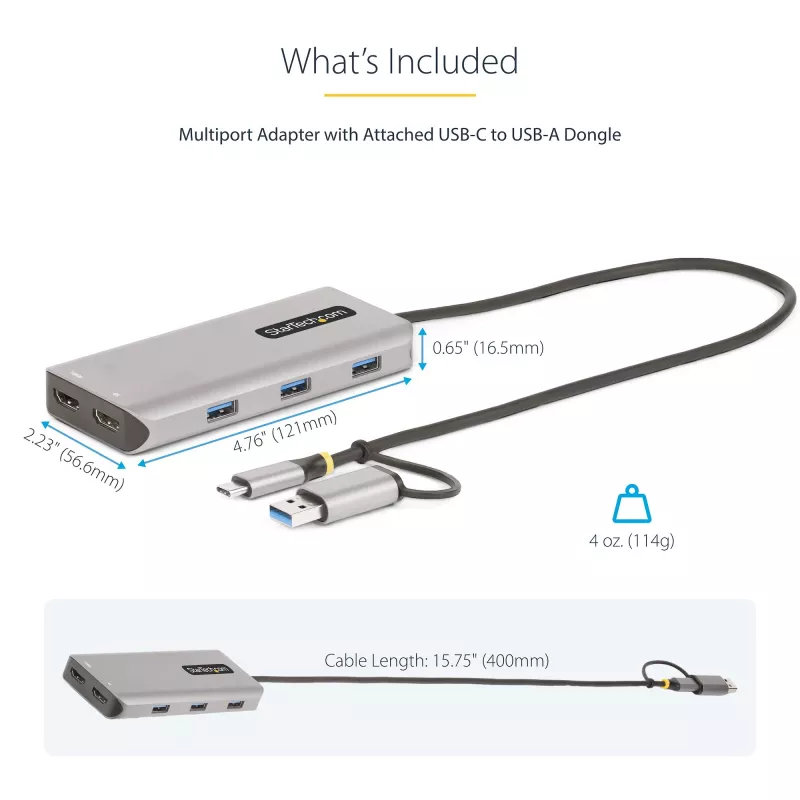 StarTech.com Adapter wieloportowy USB-C z dołączonym kluczem USB-C na USB-A, podwójne HDMI (4K30Hz/1080p60Hz), 3x USB-A 5Gbps, mini stacja dokująca podróżna, stacja dokująca do laptopa, kabel 40 cm