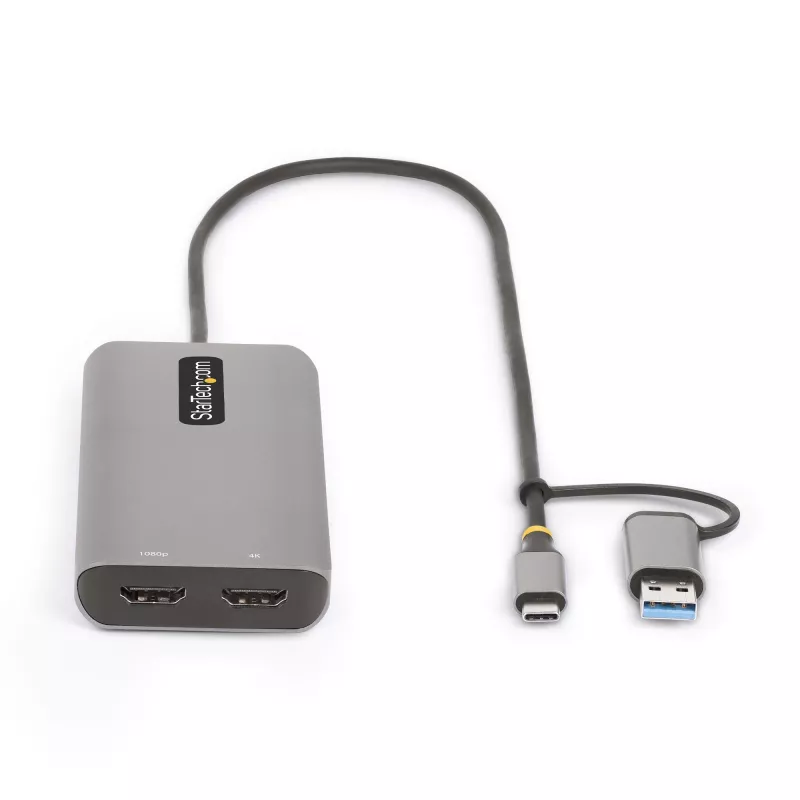 StarTech.com Adapter wieloportowy USB-C z dołączonym kluczem USB-C na USB-A, podwójne HDMI (4K30Hz/1080p60Hz), 3x USB-A 5Gbps, mini stacja dokująca podróżna, stacja dokująca do laptopa, kabel 40 cm