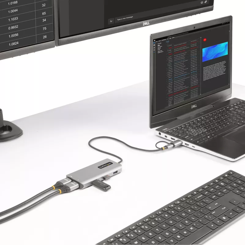 StarTech.com Adapter wieloportowy USB-C z dołączonym kluczem USB-C na USB-A, podwójne HDMI (4K30Hz/1080p60Hz), 3x USB-A 5Gbps, mini stacja dokująca podróżna, stacja dokująca do laptopa, kabel 40 cm
