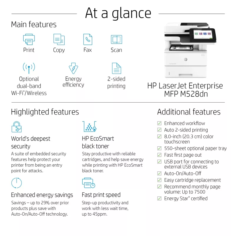 HP LaserJet Enterprise MFP M528dn, Laser, Drukowanie monochromatyczne, 1200 x 1200 DPI, A4, Drukowanie bezpośrednie, Czarny, Biały