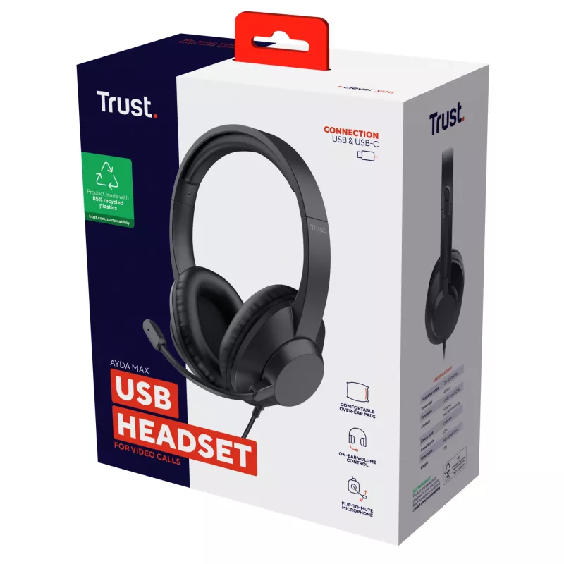 Trust Ayda Max USB Headset Wired Head-band Office/Call center USB Type-C / USB Type-A Czarny