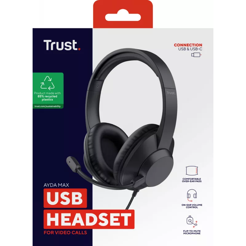Trust Ayda Max USB Headset Wired Head-band Office/Call center USB Type-C / USB Type-A Czarny
