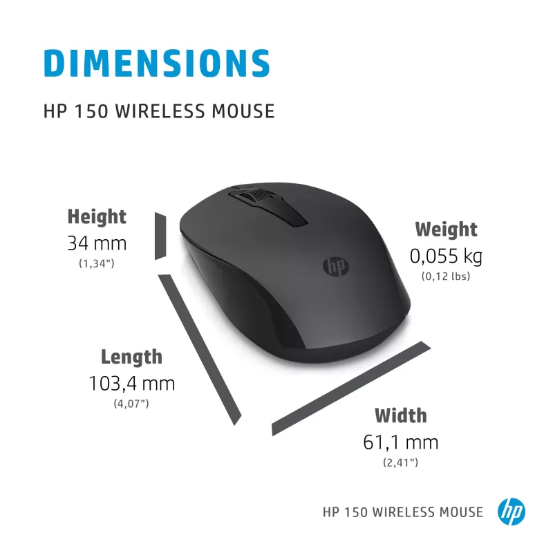 HP 150 Mysz bezprzewodowa, symetryczna, Optyczna, RF Wireless, 1600 DPI, Czarna