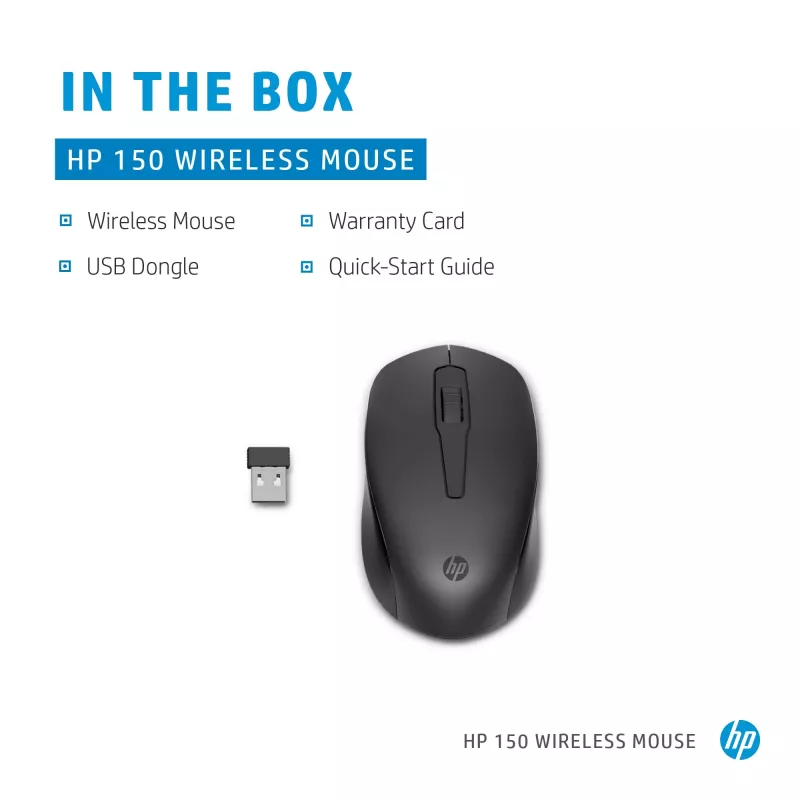 HP 150 Mysz bezprzewodowa, symetryczna, Optyczna, RF Wireless, 1600 DPI, Czarna