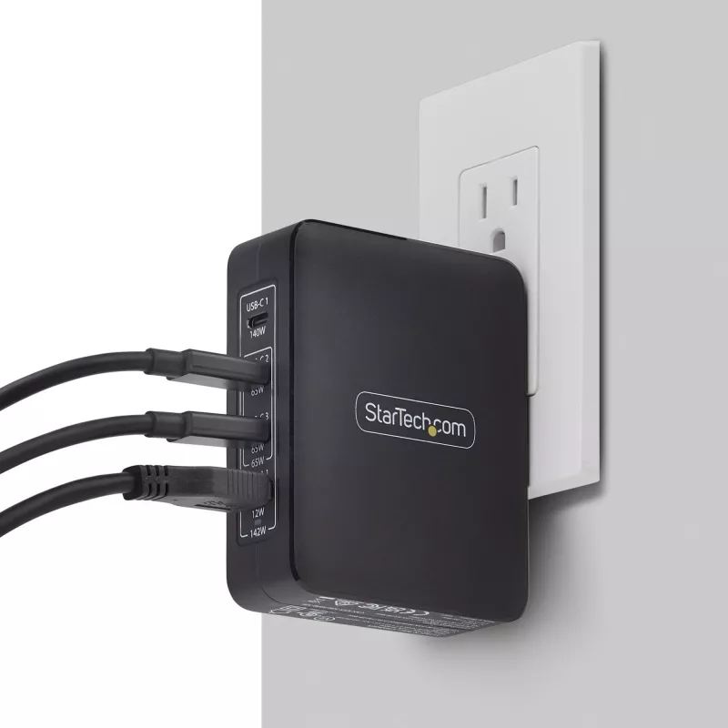 Ładowarka ścienna StarTech.com 140W USB-C, 3x USB-C/1x USB-A, PD 3.1 Międzynarodowy zasilacz GaN do MacBook/Dell XPS/Inspiron