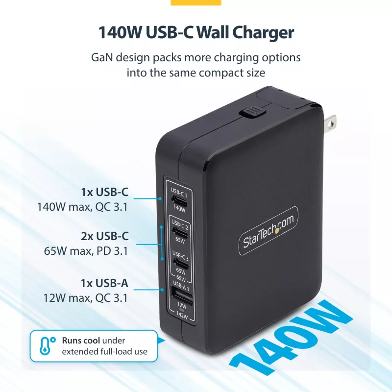 Ładowarka ścienna StarTech.com 140W USB-C, 3x USB-C/1x USB-A, PD 3.1 Międzynarodowy zasilacz GaN do MacBook/Dell XPS/Inspiron