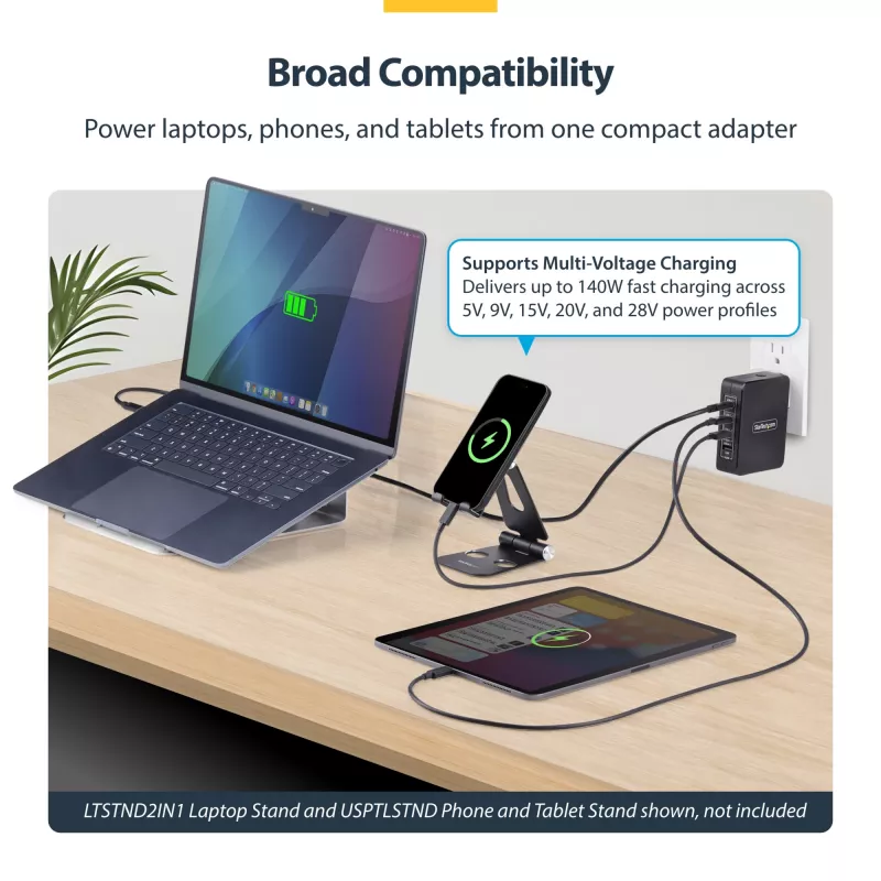Ładowarka ścienna StarTech.com 140W USB-C, 3x USB-C/1x USB-A, PD 3.1 Międzynarodowy zasilacz GaN do MacBook/Dell XPS/Inspiron