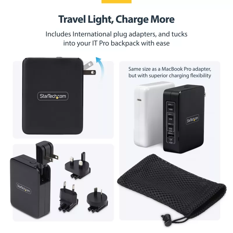 Ładowarka ścienna StarTech.com 140W USB-C, 3x USB-C/1x USB-A, PD 3.1 Międzynarodowy zasilacz GaN do MacBook/Dell XPS/Inspiron