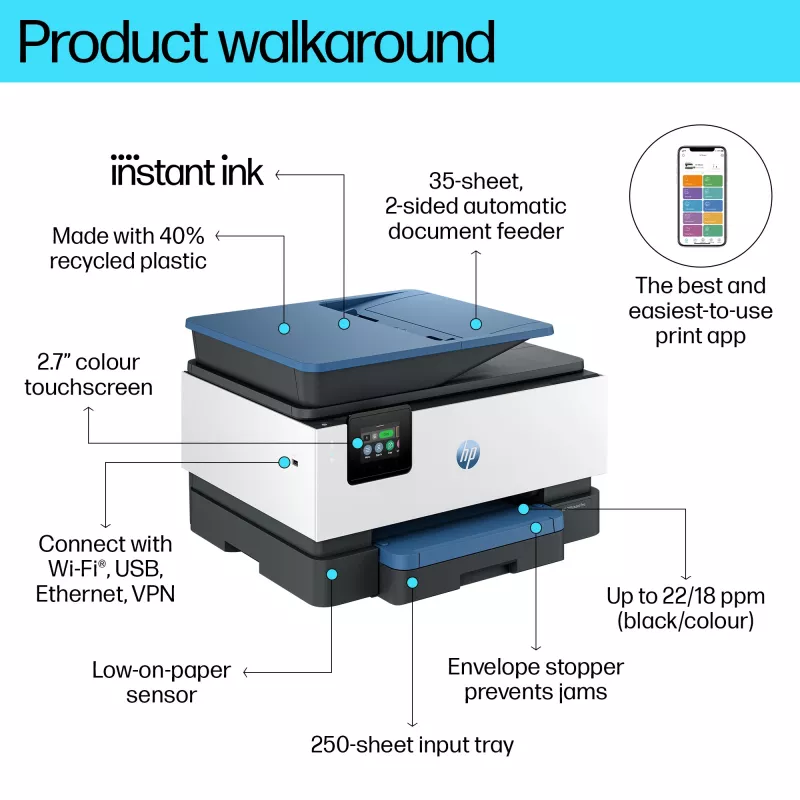 HP OfficeJet Pro 9125e Bezprzewodowa Wielofunkcyjna Kolorowa Drukarka, Instant Ink; Drukowanie dwustronne