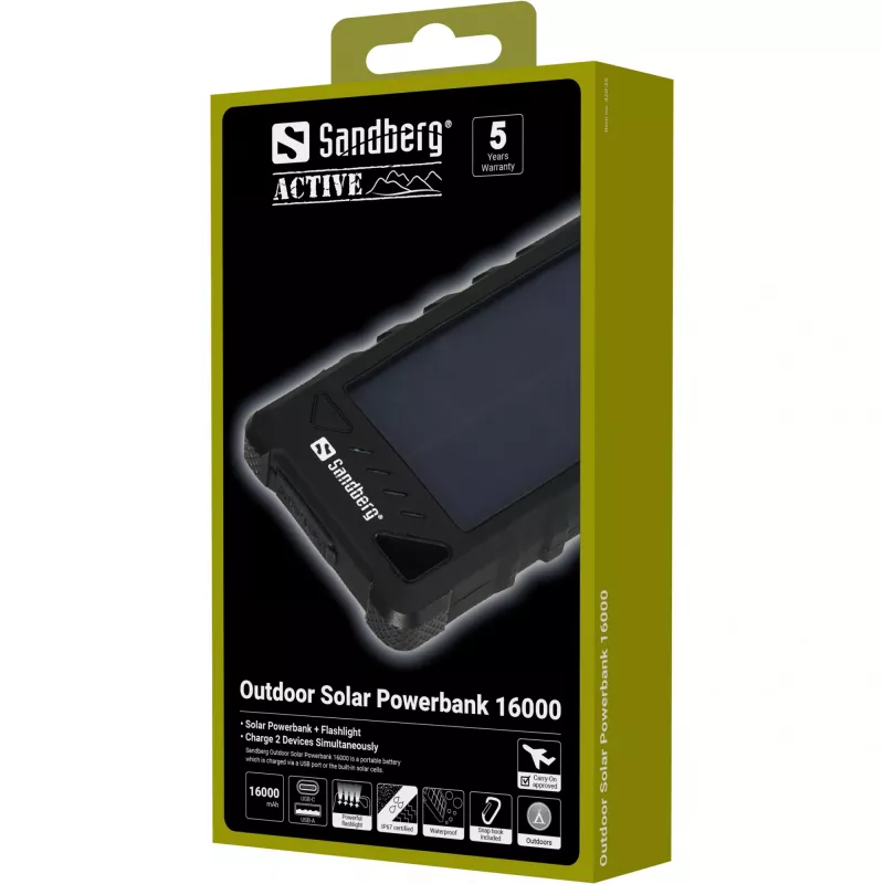 Sandberg Outdoor Solar Powerbank 16000, 16000 mAh, litowo-jonowy (Li-Ion), czarny