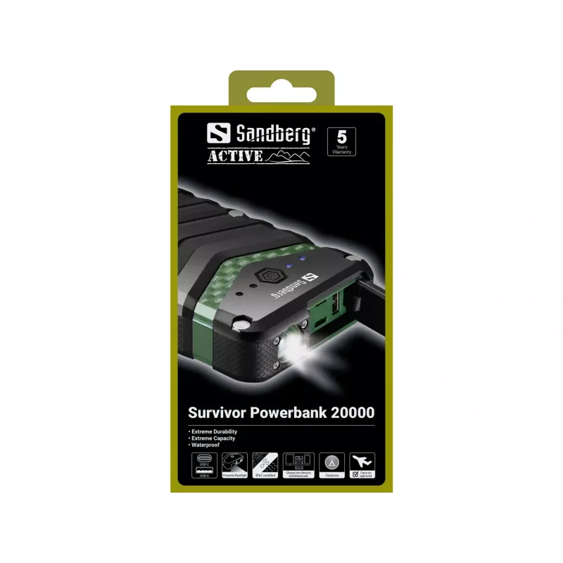 Sandberg Survivor Powerbank 20000, 20000 mAh, litowo-jonowy (Li-Ion), czarny, zielony