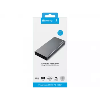 Sandberg Powerbank USB-C PD 100W 20000, 20000 mAh, litowo-jonowy (Li-Ion), Quick Charge 3.0, 100 W, szary