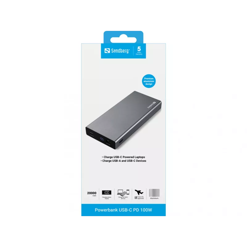 Sandberg Powerbank USB-C PD 100W 20000, 20000 mAh, litowo-jonowy (Li-Ion), Quick Charge 3.0, 100 W, szary