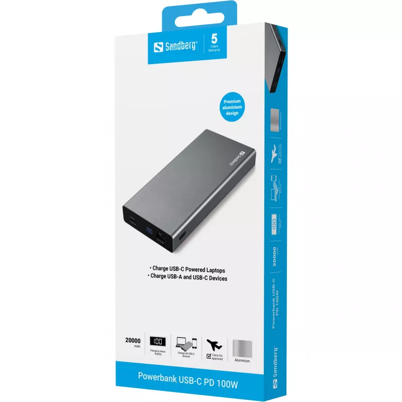 Sandberg Powerbank USB-C PD 100W 20000, 20000 mAh, litowo-jonowy (Li-Ion), Quick Charge 3.0, 100 W, szary