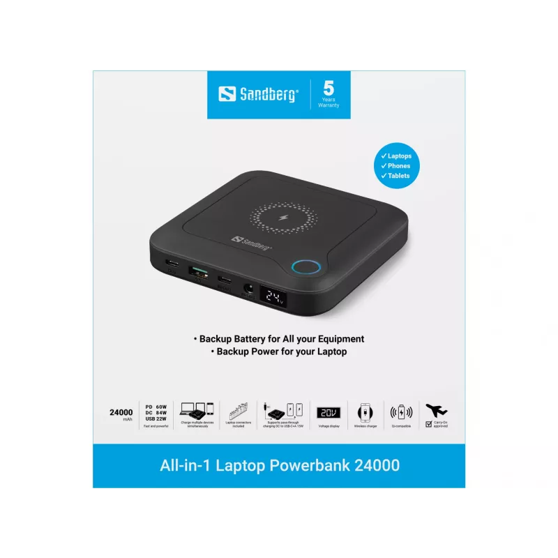 Sandberg All-in1 Laptop Powerbank 24000, 24000 mAh, Quick Charge 2.0, ładowanie bezprzewodowe, czarny