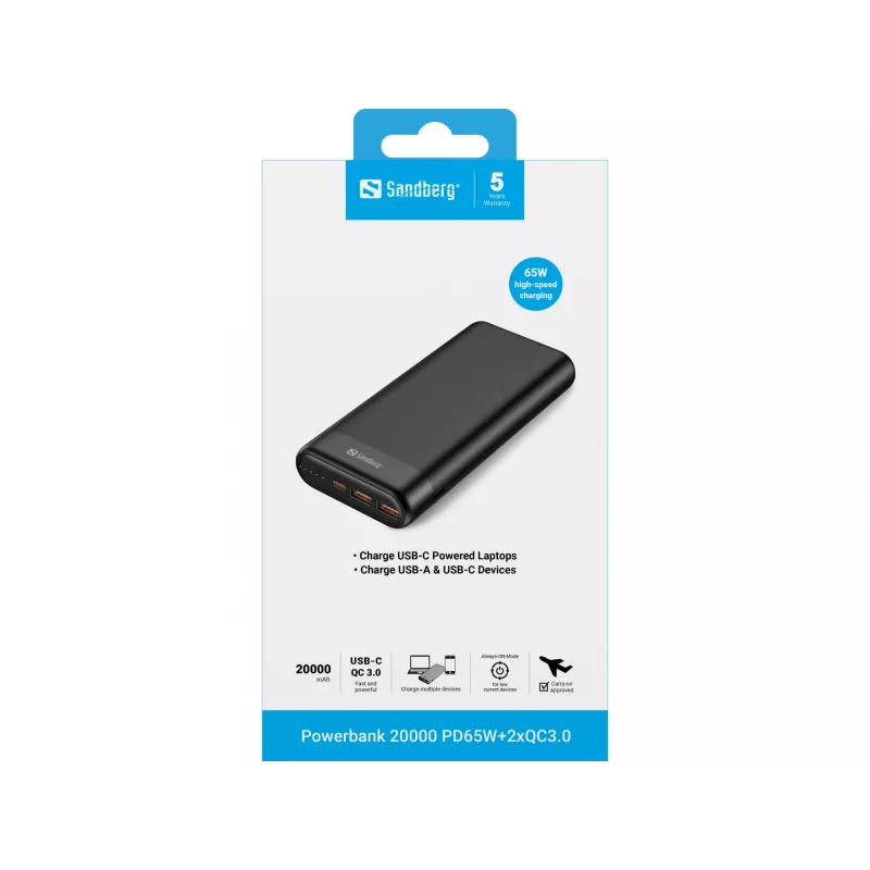 Sandberg Powerbank 20000 PD65W+2xQC3.0, 20000 mAh, litowo-jonowy (Li-Ion), Quick Charge 3.0, 65 W, czarny