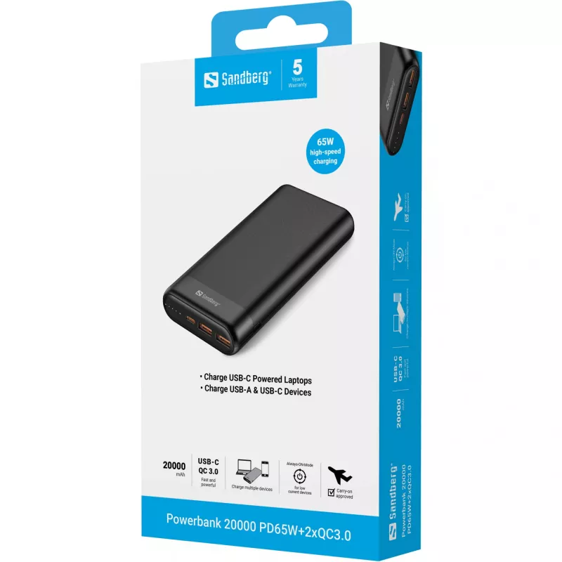 Sandberg Powerbank 20000 PD65W+2xQC3.0, 20000 mAh, litowo-jonowy (Li-Ion), Quick Charge 3.0, 65 W, czarny